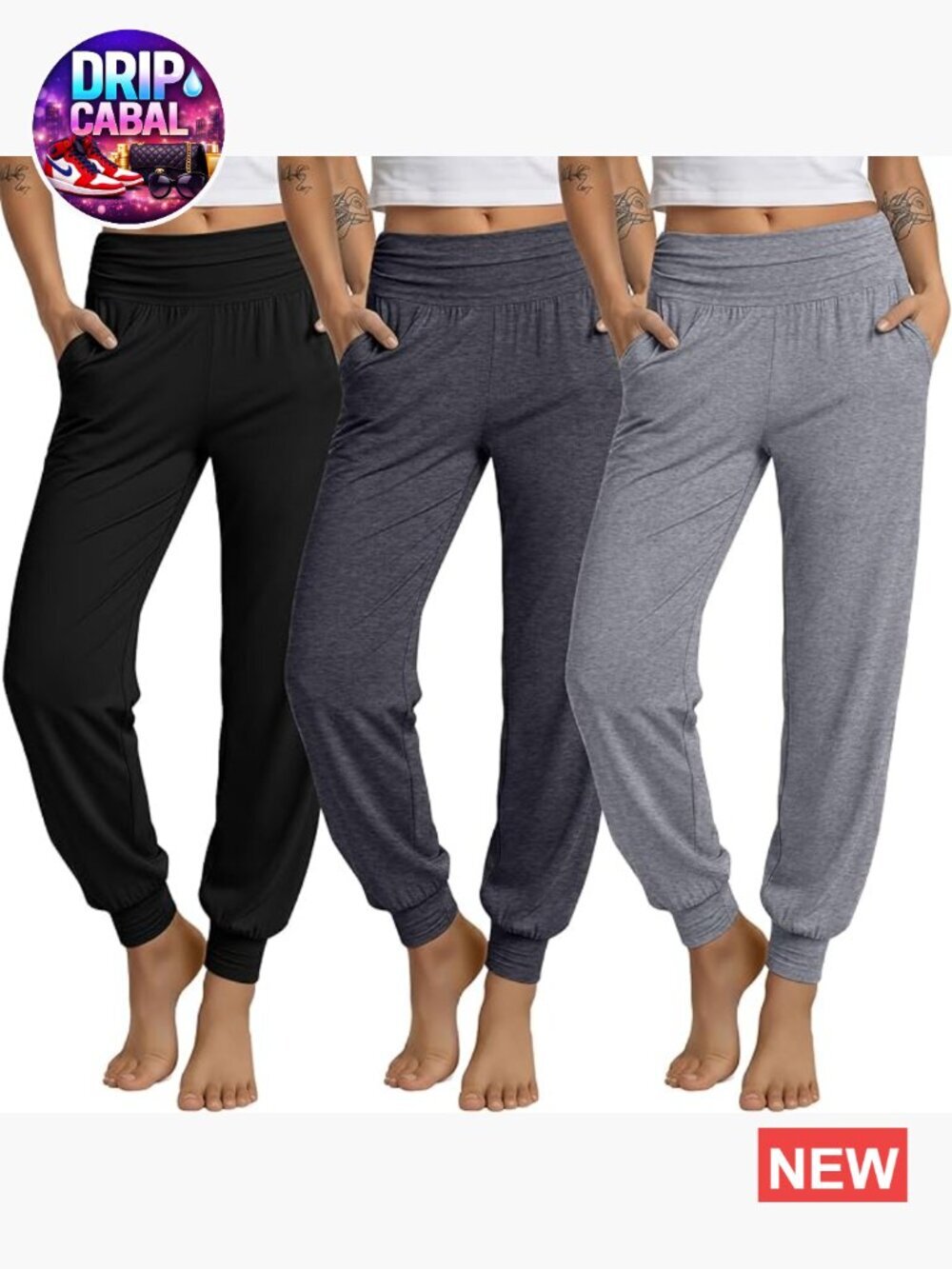 3 Pack High Waisted Yoga Joggers with Pockets Lightweight Stretchy Lounge Pants